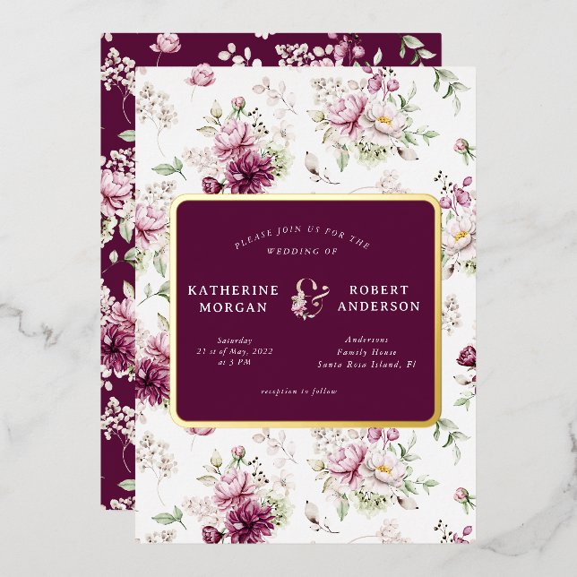 Magenta Garten Blumen Hochzeit Einladung Folie (Vorderseite/Rückseite)