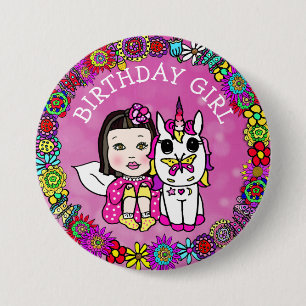 Magenta Geburtstagsfee und Einhorn-Knopf Button
