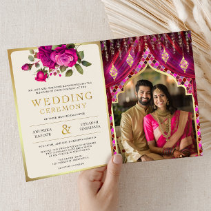 Magenta Gold Blumen Vorhang Indische Hindu-Hochzei Einladung