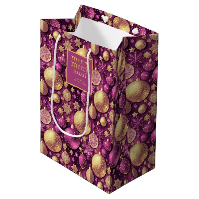 Magenta Gold Merry Merry Pattern#31 ID1009 Mittlere Geschenktüte (Vorderseite Schrägansicht)