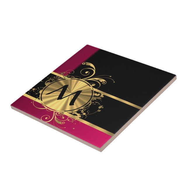 Magenta, Gold und schwarze Monogramm Fliese (Seite)