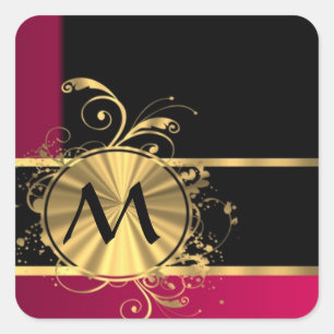Magenta, Gold und schwarze Monogramm Quadratischer Aufkleber