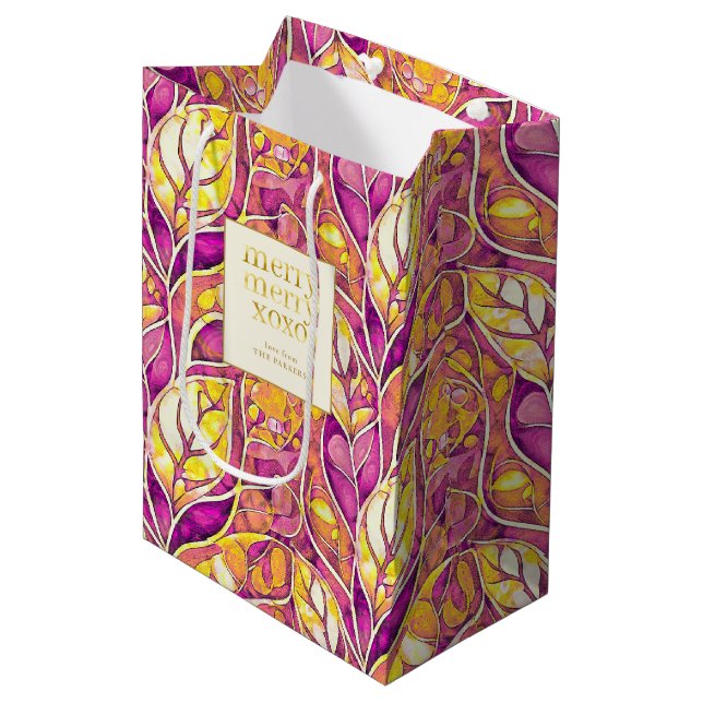 Magenta Gold Weihnachten Merry Pattern#21 ID1009 Mittlere Geschenktüte (Vorderseite Schrägansicht)