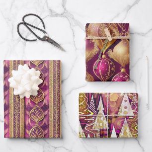 Magenta Gold Weihnachtsmuster #12#25#27 ID1009 Geschenkpapier Set