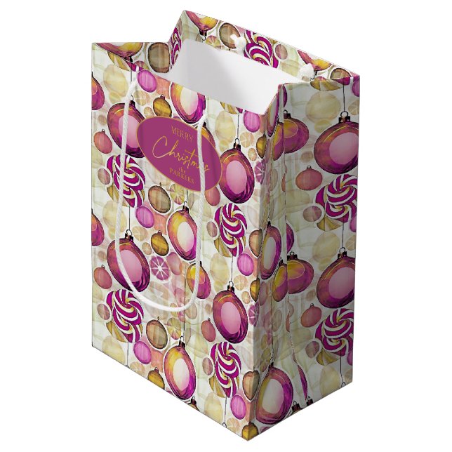 Magenta Gold Weihnachtsmuster#6 ID1009 Mittlere Geschenktüte (Vorderseite Schrägansicht)