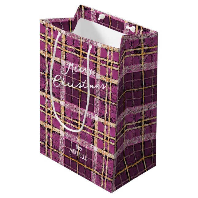 Magenta Gold Weihnachtsmuster#7 ID1009 Mittlere Geschenktüte (Vorderseite Schrägansicht)