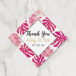Magenta, goldene tropische Blätter Hochzeit Danke Geschenkanhänger
