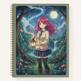Magenta Hair Anime Girl & Enchanted Forest Lantern Notizbuch