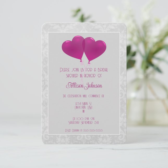 Magenta Heart Balloons Invitation de la douche nup (Debout devant)