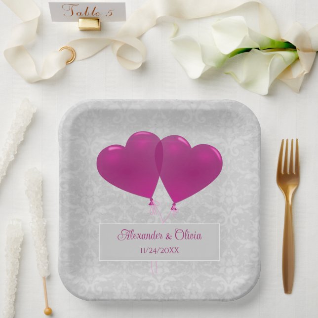 Magenta Heart Balloons Polterabend Paper Tellers Pappteller (Hochzeit)