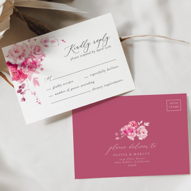 Magenta Hot Pink Floral Elegante Wedding RSVP Card (Front/Back)
