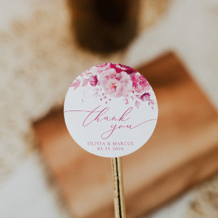 Magenta Hot Pink Floral Wedding Vielen Dank Runder Aufkleber