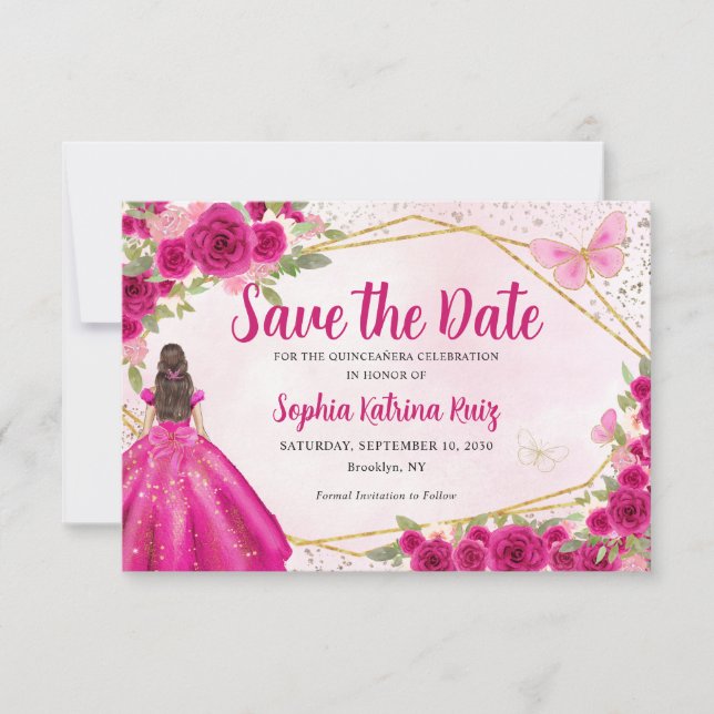 Magenta Hot Pink Gold Floral Prinzessin Quinceañer Save The Date (Vorderseite)