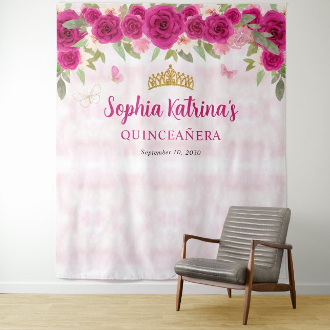 Magenta Hot Pink Gold Floral Prinzessin Quinceañer Wandteppich (Beispiel)
