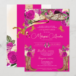 Magenta Hot Pink Rose Extravagant Charro Quinceañe Einladung