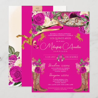 Magenta Hot Pink Rose Extravagant Charro Quinceañe Einladung