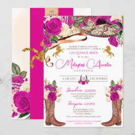 Magenta Hot Pink Rose Extravagant Charro Quinceane Einladung