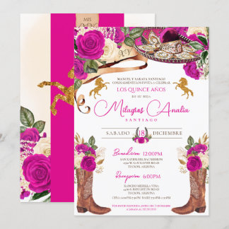 Magenta Hot Pink Rose Extravagant Charro Quinceane Einladung