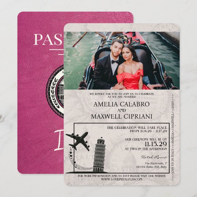 Magenta Italien Pass Einladung Hochzeit (Vorne/Hinten)