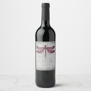 Magenta Jeweled Dragonfly Wedding Weinetikett