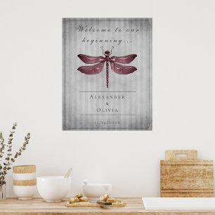 Magenta Jeweled Dragonfly Wedding Willkommen Poster