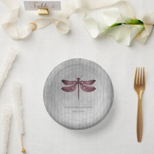Magenta-Juwelen-Libellen-Hochzeit Pappteller