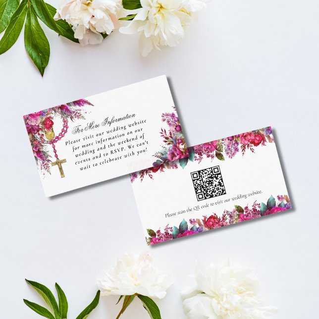 Magenta Katholic Wedding Website QR Enclosure Card Visitenkarte (Magenta pink floral Catholic wedding enclosure card with QR code and wedding website info)