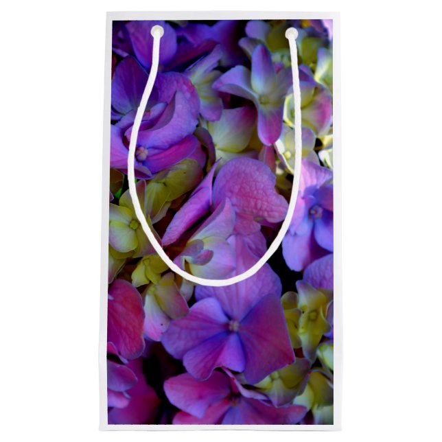 Magenta Lila-blaugelbe Hydrangeas-Blume Kleine Geschenktüte (Vorderseite)