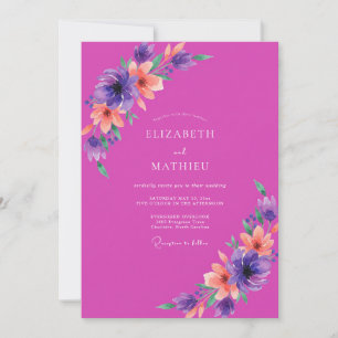 Magenta Lila Blumige Wasserfarbe Hochzeit Einladung