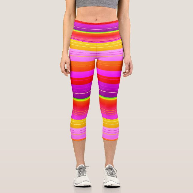 Magenta lila, gelb gestreift capri leggings (Vorderseite)