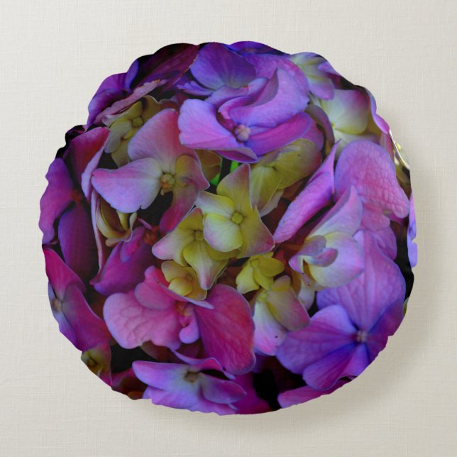 Magenta Lila Hydrangeas Lila-gelb Rundes Kissen (Vorderseite)