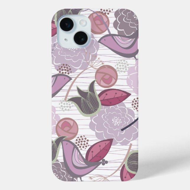Magenta Lila Sweet Birds Blumengarten Chic iPhone 15 Mini Hülle (Rückseite)