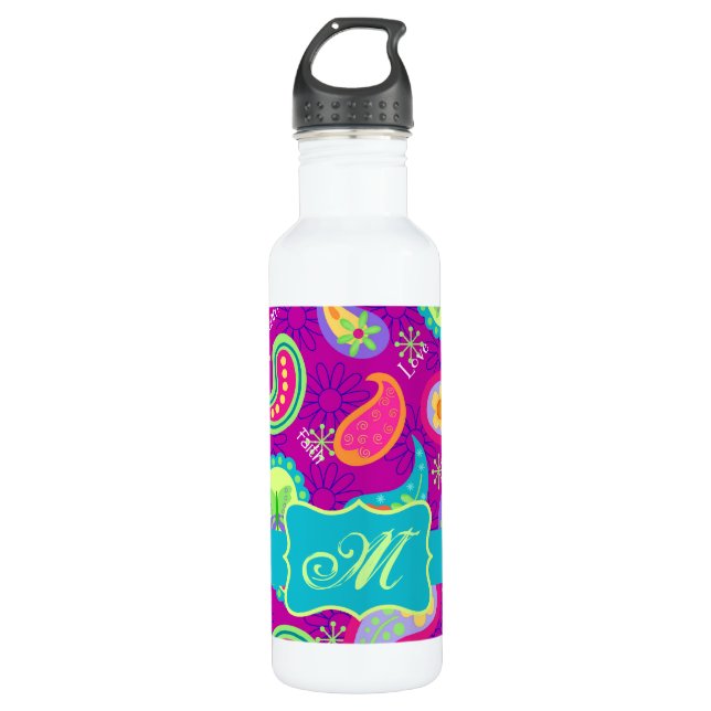 Magenta Lila Türkis Modernes Paisley Muster Edelstahlflasche (Vorderseite)
