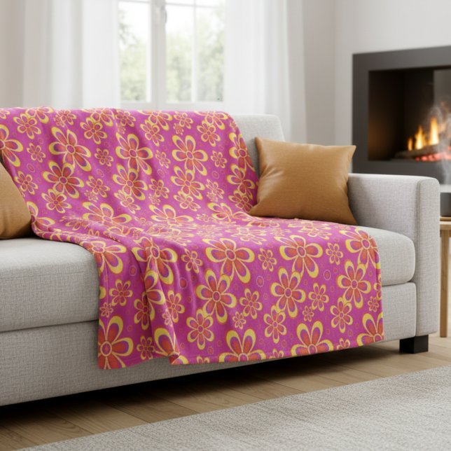 Magenta Lila Yellow Groovy Blume Pattern Fleecedecke (Von Creator hochgeladen)
