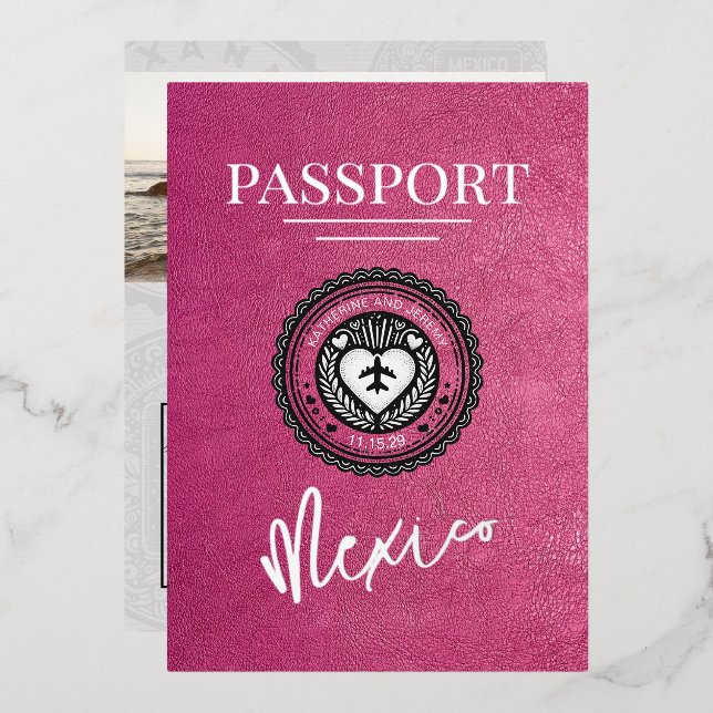 Magenta Mexico Passport Wedding Folieneinladung (Vorderseite/Rückseite)