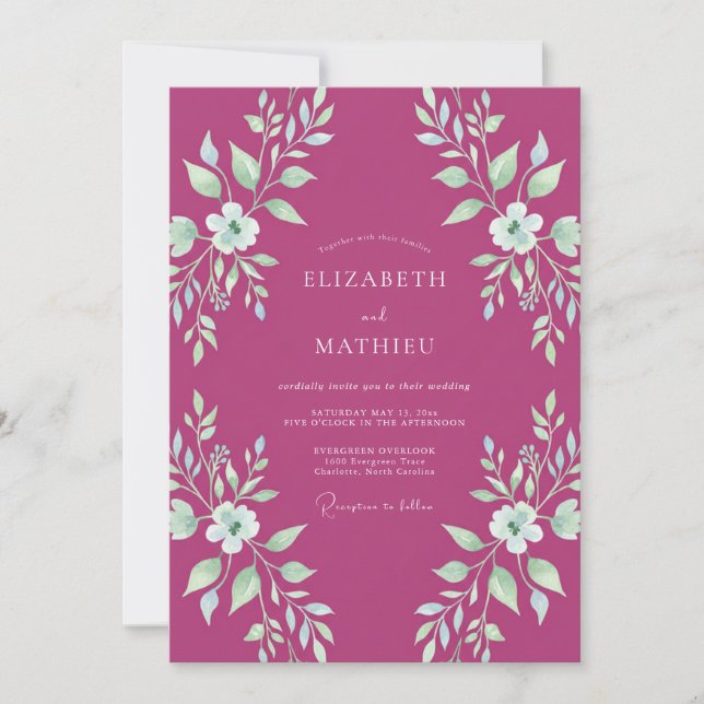 Magenta-Minzblättrige Hochzeit Einladung (Vorderseite)