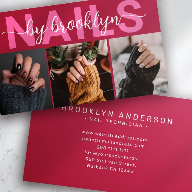 Magenta Modern Foto Typografie Nail Artist Visitenkarte (Von Creator hochgeladen)