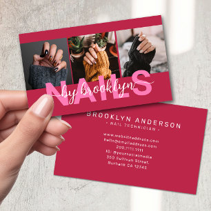 Magenta Modern Foto Typografie Nail Artist Visitenkarte