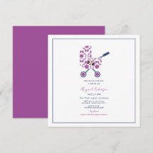 Magenta & Navy Damask Pram Baby Dusche Square Invi