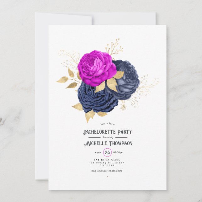 Magenta Navy und Gold Floral Junggeselinnen-Abschi Einladung (Vorderseite)