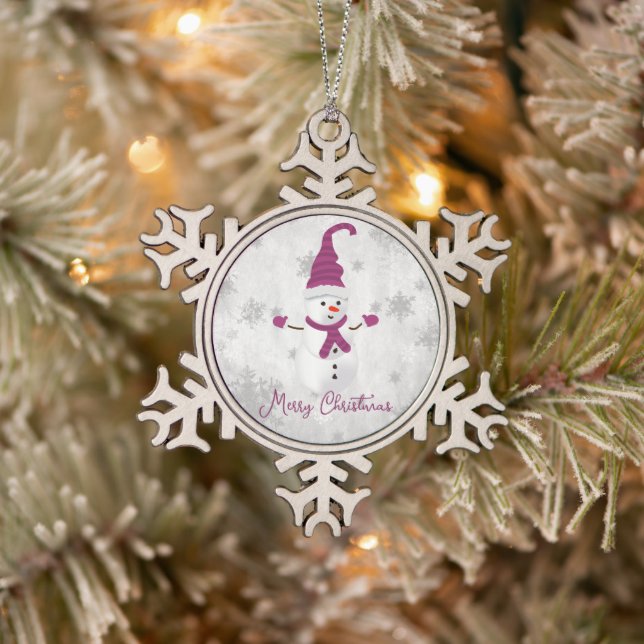 Magenta Niedlich Snowman Holiday Schneeflocken Zinn-Ornament (Baum)