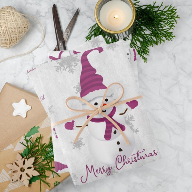 Magenta Niedlich Snowman Wrapping Paper Sheets Geschenkpapier Set (Magenta Cute Snowman Wrapping Paper Sheets)