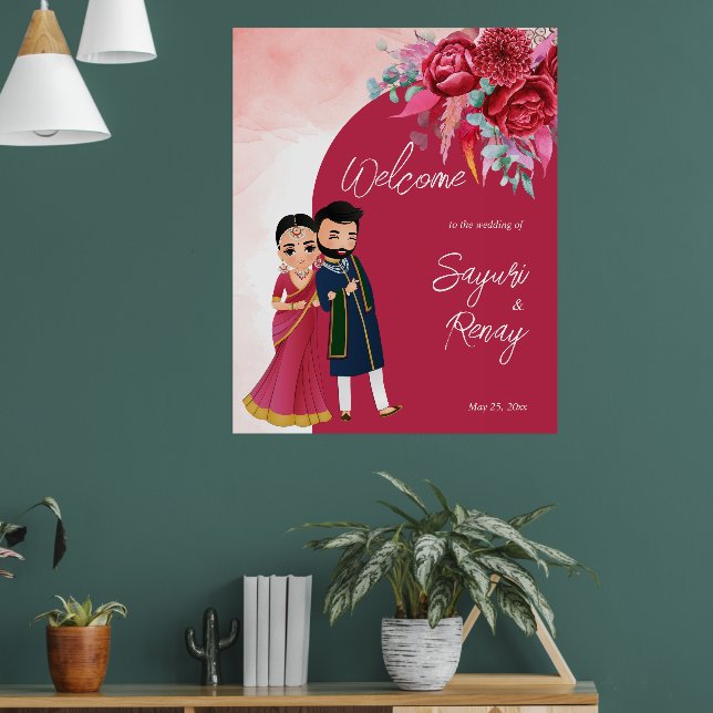 Magenta Niedliches indisches Ehepaar Begrüßungszei Poster (Wohnzimmer 1)