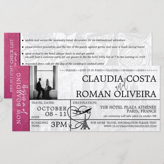 Magenta Paris Wedding Boarding Pass Einladung (Vorne/Hinten)