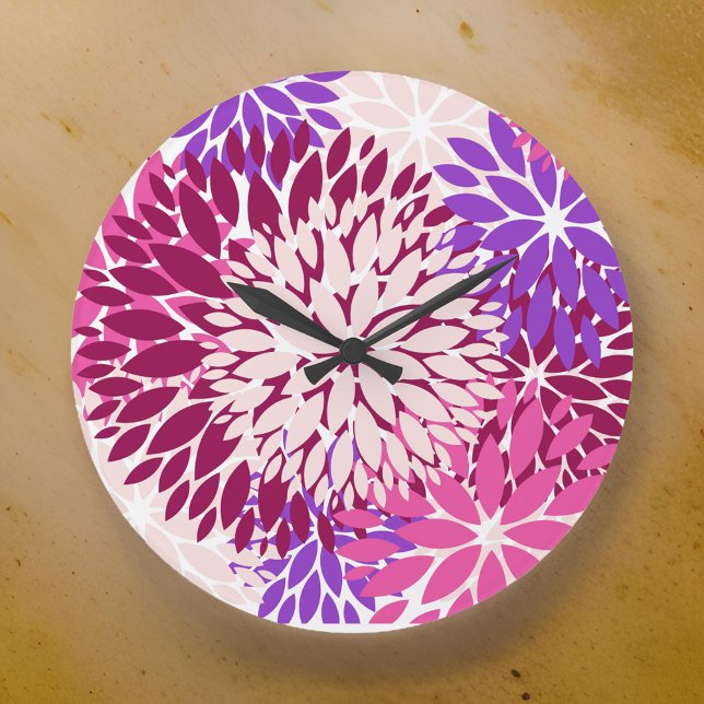 Magenta Peach Burgundy and Purple Stylized Dahlias Große Wanduhr (Von Creator hochgeladen)