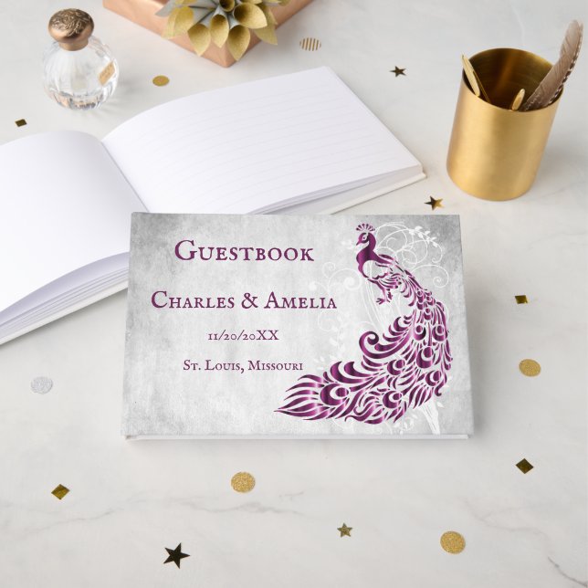 Magenta Peacock Leaf Vine Wedding Guestbook Gästebuch (Vorderseite Offen)