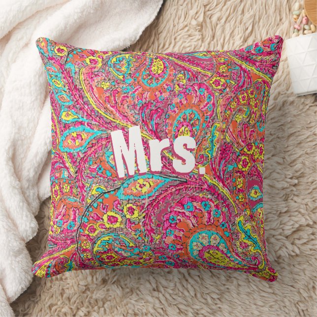 Magenta Peacock Paisley Coral Yellow Brides Kissen (Decke)