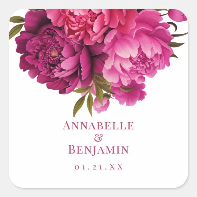 Magenta Peony Floral Wedding Quadratischer Aufkleber (Vorderseite)