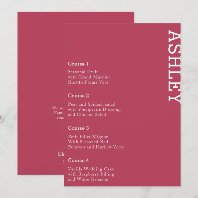 Magenta Personalisiert Guest Name Wedding Menükarte (Vorne/Hinten)