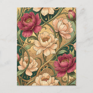 Magenta-Pfingstrose Blumenmuster Goldene Schwünge Postkarte